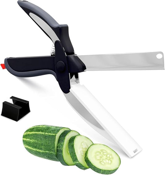 2 in 1 Cutting Board Scissors for Food - 9.6" Detachable Cheese Scissors with Cutting Board and Stainless Steel Blade - Easy-to-Use Veggie Cutter with Safety Lock, Suitable for Fruits and Vegetables