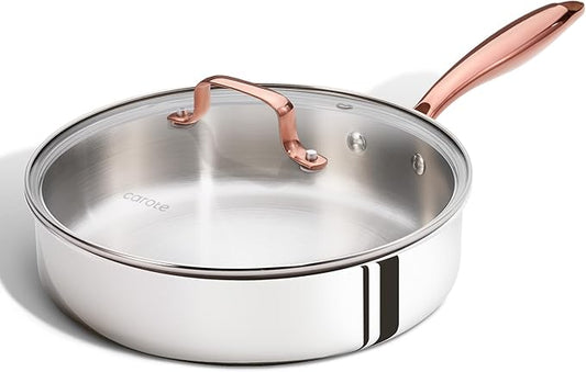 CAROTE 10" Tri-Ply Stainless Steel Deep Frying Pan with Lid, Non-Toxic Saute Pan, Oven Safe, Induction, Ceramic and Gas Cooktops Compatible, Silver by CAROTE