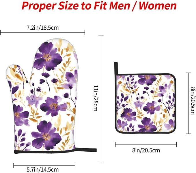 Spring Purple and Gold Floral Oven Mitts and Pot Holders Sets of 3, Non-Slip Heat Resistant Watercolor Flower Design Kitchen Gloves, Gifts for Women Cooking, Elegant Kitchen Decor for Baking Cooking - Image 8