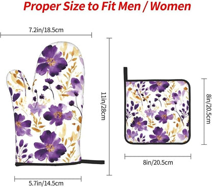 Spring Purple and Gold Floral Oven Mitts and Pot Holders Sets of 3, Non-Slip Heat Resistant Watercolor Flower Design Kitchen Gloves, Gifts for Women Cooking, Elegant Kitchen Decor for Baking Cooking - Image 8