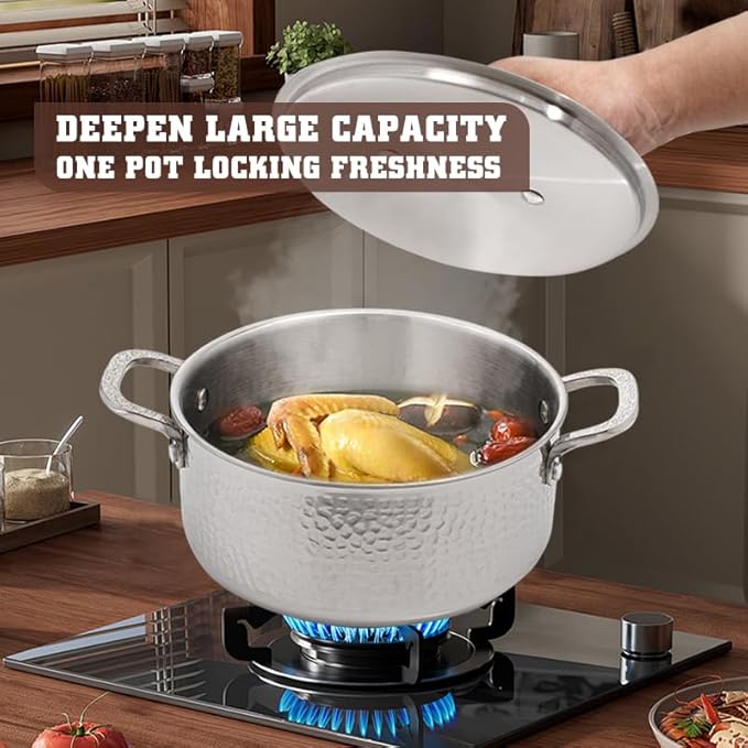 Vivicreate Tri-Ply Stainless Steel Stockpot – Deep Cooking Pot with Hammered Exterior, Compatible with All Stovetops, Even Heat Distribution, Durable Cookware for Soups, Stews, and More（7QT） - Image 3