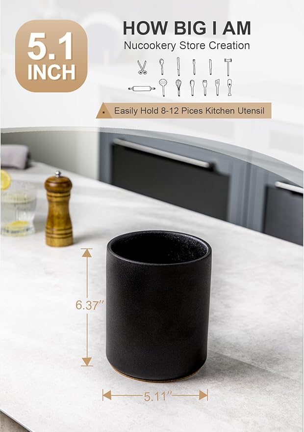 Nucookery Utensil Holder, 6.4" Ceramic Kitchen Utensil Holder with Countertop-Protection Cork Bottom, Farmhouse Kitchen Decor for Counter, Christmas Gift (Stone Black) - Image 3