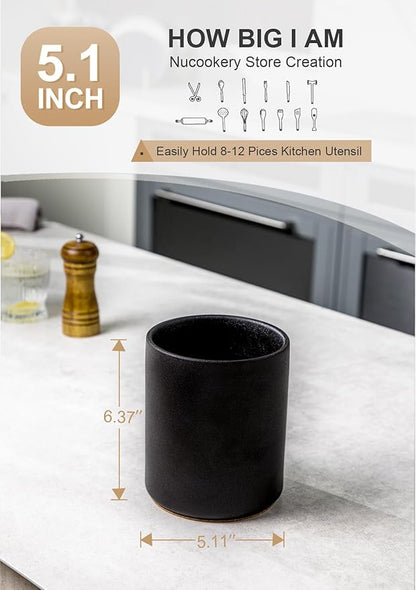 Nucookery Utensil Holder, 6.4" Ceramic Kitchen Utensil Holder with Countertop-Protection Cork Bottom, Farmhouse Kitchen Decor for Counter, Christmas Gift (Stone Black) - Image 3