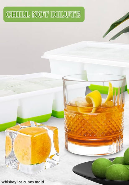 2 INCH Ice Cube Tray with Lid & Bin,Square Large Ice Cube Molds | ice trays for freezer with lid and bin, Silicone Base & Stackable Design, Whiskey Ice Cubes Mold for Coffe,Cocktail,Whiskey