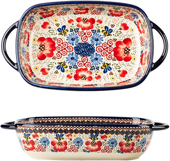 Vintage Flowers Style Ceramic Bakeware Casserole Dish Baking Pan Lasagna Pans Baking Dish with Handles for Oven/Cooking/Kitchen-1 PCS-Red Flowers-22 OZ by Bicuzat
