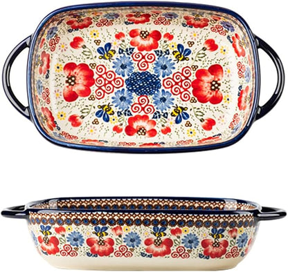 Vintage Flowers Style Ceramic Bakeware Casserole Dish Baking Pan Lasagna Pans Baking Dish with Handles for Oven/Cooking/Kitchen-1 PCS-Red Flowers-22 OZ by Bicuzat