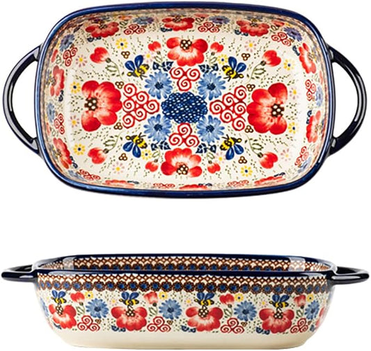 Vintage Flowers Style Ceramic Bakeware Casserole Dish Baking Pan Lasagna Pans Baking Dish with Handles for Oven/Cooking/Kitchen-1 PCS-Red Flowers-22 OZ by Bicuzat