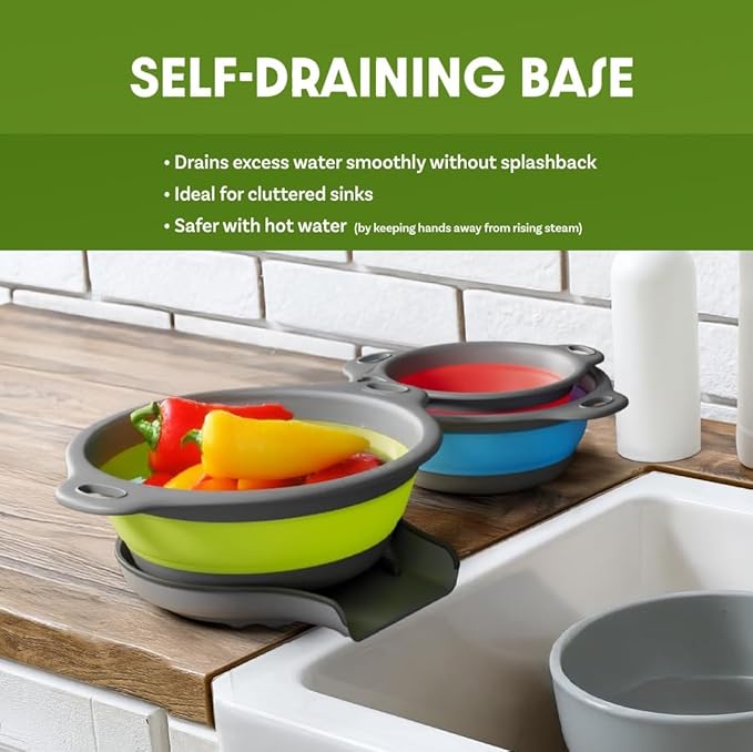 Gevoli Collapsible Colanders with Self-Draining Base for Edge of Sink, Food Strainers (Small/Med/Large), Nested Design for Easy Storage (Red, Blue, Green) (4PC Set) - Image 3