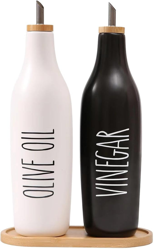 HOMCDALY Olive Oil and Vinegar Dispenser Set, 16oz Ceramic Oil Dispenser for Kitchen, Kitchen Dispenser Bottle for EVOO Vinegar Syrups, Modern Farmhouse Design| Set of 2 – P-Black&White by HOME