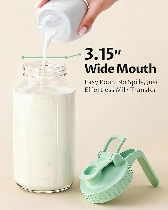 64oz Glass Breast Milk Pitcher with Lid & Pour Spout, 2 Quart Airtight Leakproof BreastMilk Fridge Storage Container - Wide Mouth, Dishwasher Safe Formula Pitcher with Handle - Image 4