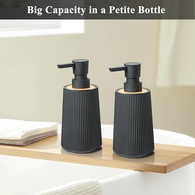 Black Hand Soap Dispenser Set with Bamboo Decor and No Rust Pump for Bathroom and Kitchen Countertops Refillable Striped Matte Plastic 8.5 oz
