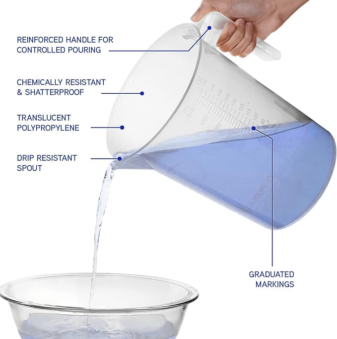5 Liter Measuring Pitcher 3-Pack | 1.3 Gallon Shatterproof Plastic Large Graduated Mixing Pitchers, 1 to 2 Gallons (5L, 5000ml) - Image 3