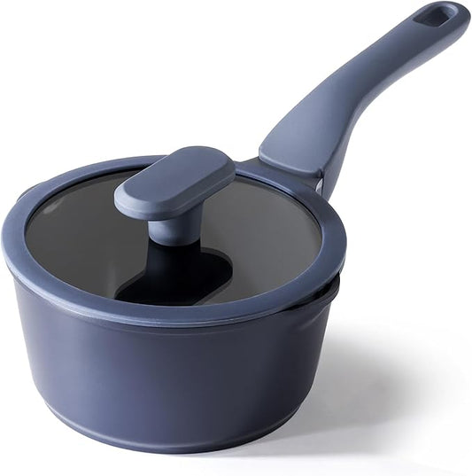 PRICUSIS Ceramic Nonstick Saucepan with Lid, 1.3 Quart Non Toxic Pot with Pour Spouts, Full Coated, 100% Dishwasher Safe, Induction Compatible & Oven Safe, PTFE PFAS & PFOA Free, Blue by PRICUSIS