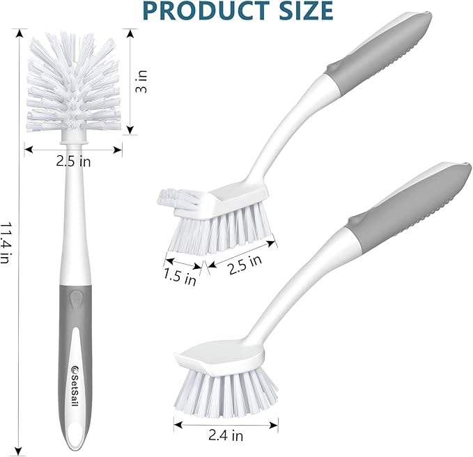 SetSail Dish Brush Set of 3 Piece, Dish Scrub Brush with Long Handle Deep Cleaning Brush with Scraper Tip for Kitchen Dishes Bottle Cup Pot Pan, Grey - Image 2