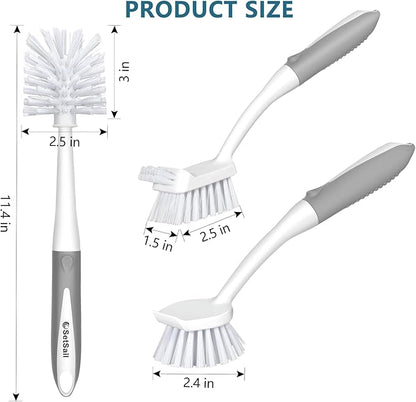 SetSail Dish Brush Set of 3 Piece, Dish Scrub Brush with Long Handle Deep Cleaning Brush with Scraper Tip for Kitchen Dishes Bottle Cup Pot Pan, Grey - Image 2