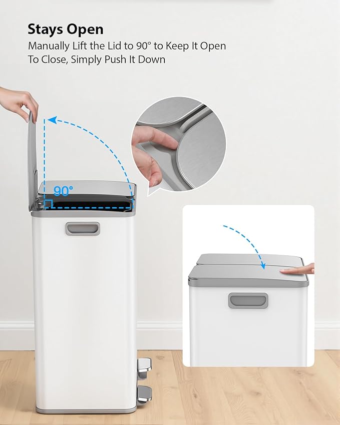 Lovewind Kitchen Trash Can, 2 x 8 Gallon (2 x 30 L) Stainless Steel Trash and Recycle Bin Combo with Soft-Close Lid, Dual Compartment Recycling Kitchen Step Trash Bin, White - Image 7