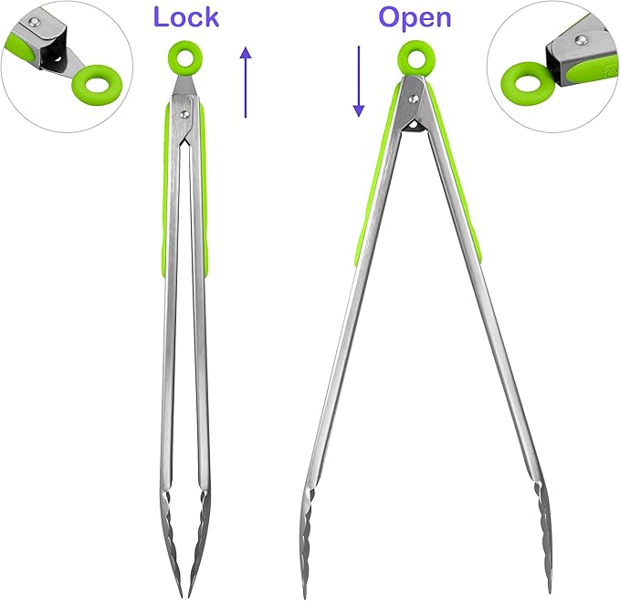 304 Stainless Steel Kitchen Cooking Tongs, 14" and 16" Set of 2 Sturdy Grilling Barbeque Brushed Locking Food Tongs with Ergonomic Grip, Green - Image 3