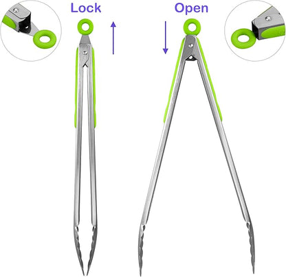 304 Stainless Steel Kitchen Cooking Tongs, 14" and 16" Set of 2 Sturdy Grilling Barbeque Brushed Locking Food Tongs with Ergonomic Grip, Green - Image 3