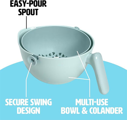Tasty 2-in-1 Swing Bowl Colander, Built-In Strainer Basket with Handle, Kitchen Hack for Rinsing and Draining for Fruits, Vegetables, and Pasta, 2.1-Quart Bowl + 1.9-Quart Strainer, Aqua