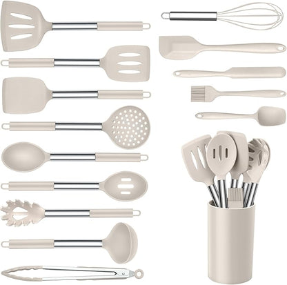Onader Silicone Cooking Utensils Set of 15, Kitchen Utensils Set with Holder for Nonstick Cookware, 446°F Heat Resistant Stainless Steel Handle - Khaki by Onader