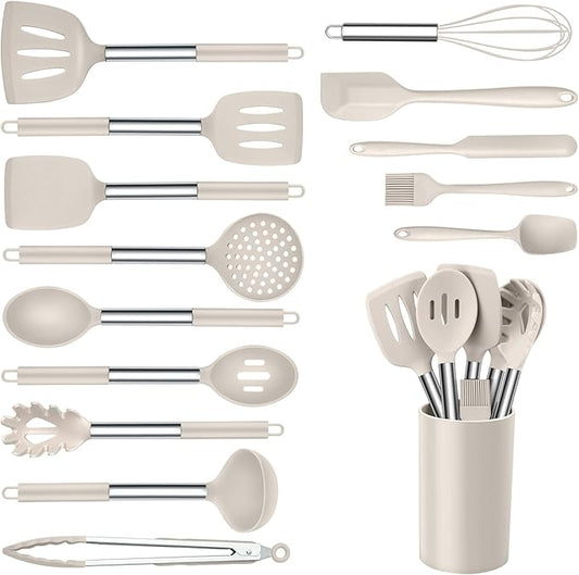 Onader Silicone Cooking Utensils Set of 15, Kitchen Utensils Set with Holder for Nonstick Cookware, 446°F Heat Resistant Stainless Steel Handle - Khaki by Onader