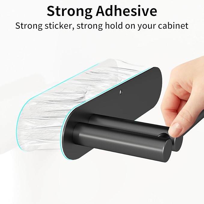 Paper Towel Holder Under Cabinet, Upgraded Dual-Rod Adhesive Paper Towel Holder with Longer Base, Stainless Steel Wall Mounted Holder for Kitchen Towels, No Drill, Black - Image 4