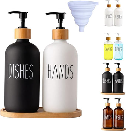LOOCHICA 2 Pack Glass Soap Dispenser Set with Tray, Hand and Dish Glass Soap Dispensers for Kitchen Sink, Kitchen Soap Dispenser Set Suitable for Black and White Kitchen Decor by Loochica