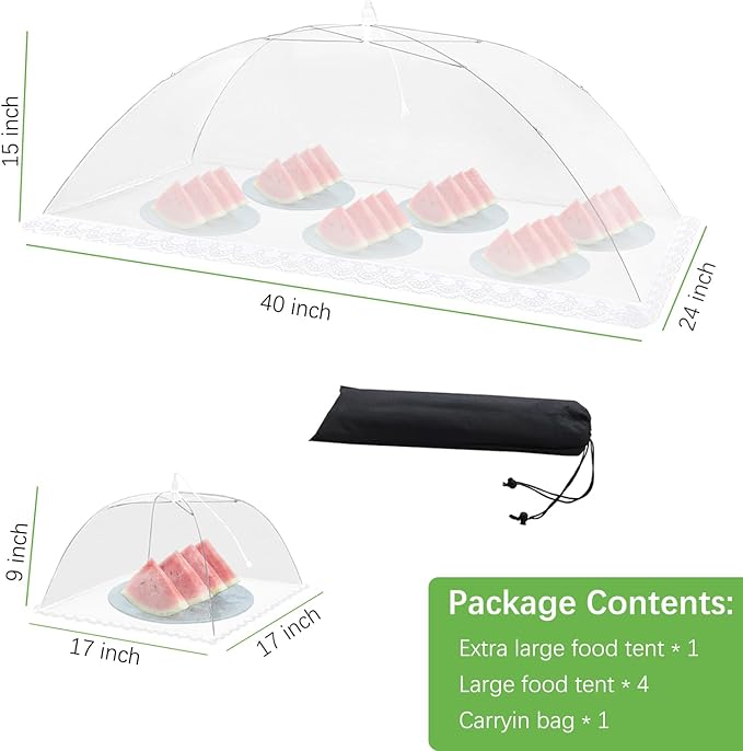 Mesh Food Covers for Outside - Upgraded 1 Extra Large 40x24 in & 4 Large 17x17 in Outdoor Party Food Cover Tent Collapsible Picnic Nets Umbrella Screen Pop Up Food Dome (White)