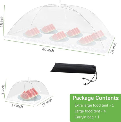 Mesh Food Covers for Outside - Upgraded 1 Extra Large 40x24 in & 4 Large 17x17 in Outdoor Party Food Cover Tent Collapsible Picnic Nets Umbrella Screen Pop Up Food Dome (White)
