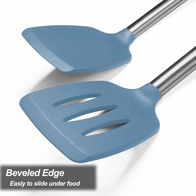 2 Pack Spatulas, Solid & Slotted Silicone Spatula Set, Stainless Steel Handle Coated with Silicone, Non Stick, Heat Resistant Rubber Flipper for Fish, Eggs, Pancakes, WOK, Starry Blue - Image 6