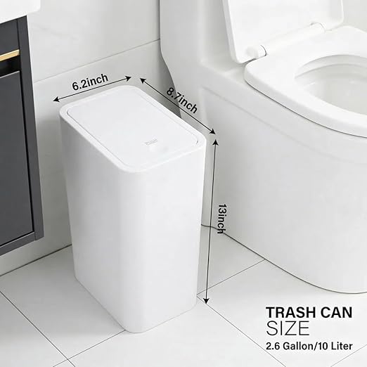 Compact Push-in Trash Can with Lid for Bathrooms, Kitchens, Living Rooms, Offices, Etc., Trash Can with Pop-Up Lid, 10 Liter/2.6 Gallon Slimline (White)