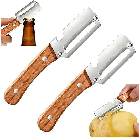 Multifunctional Vegetable Peeler, 2-in-1 Peelers For Kitchen with Bottle Opener, Sharp Stainless Steel Swivel Blade, Wooden Handle, For Vegetables or Fruits that Need to Be Peeled (2)2PCS