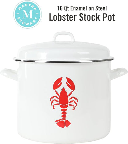 Martha Stewart 16-Quart Enamel on Steel Scratch-Resistant Lobster Stock Pot – Linen – Durable Large Capacity Pot for Boiling, Steaming & Seafood Cooking