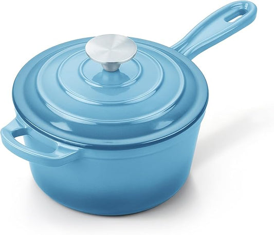 Homikit Small Cast Iron Pot, 2 QT Enameled Cast Iron Sauce Pan with Lid, Heavy Duty Enamel Dutch Oven Kitchen Cookware for Making Pasta, Boiling Soup, Warming Milk, Nonstick & Oven Safe, Sky Blue