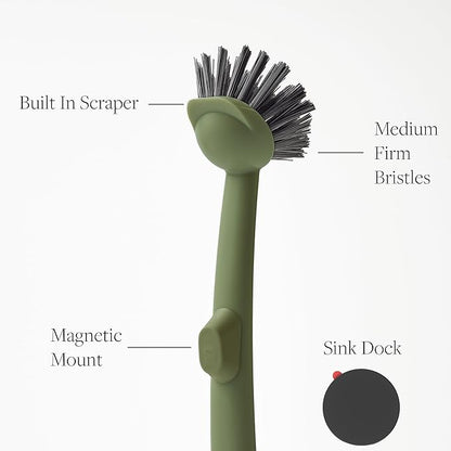 Earth & Mango Magnetic Dish Brush & Scraper, Snaps to Sink, Non-Scratch, Dishwasher Safe, Dish Scrubber – Moss Green