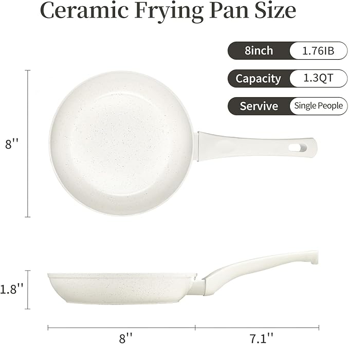 Innerwell 8 Inch Non Stick Frying Pan - White Ceramic Non Stick Skillet Frying Pans, Safe&No Toxic Egg Omelette Frying Pan, Small Nonstick Cookware Cooking Pan, Induction Compatible, PFOA&PFAS Free - Image 2