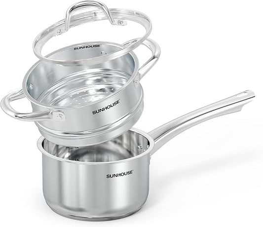 SUNHOUSE Stainless Steel Sauce Pan with Lid - Tri-Ply 2 Quarts Steamer for Cooking, Small Cooking Pot with Steamer Basket, Induction Compatible Steam Pot for Vegetable by SUNHOUSE