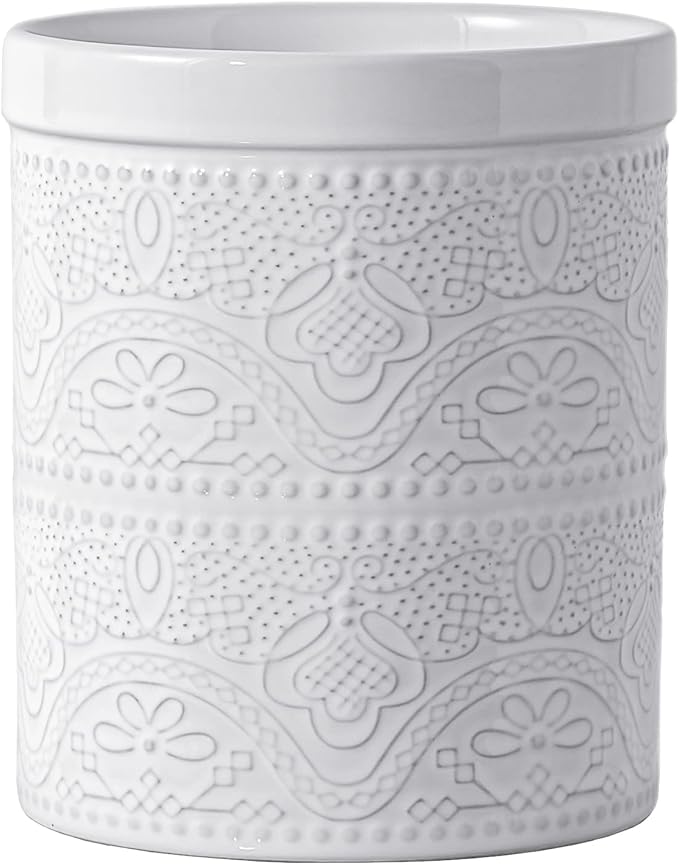 FUN ELEMENTS Kitchen Utensil Holder, 7.2" Super Large Utensil Crock Heavy and Stable Lace Emboss Ceramic Utensil Holder for Kitchen Counter (Bright White) by IntoYourHouseOntoYourTable