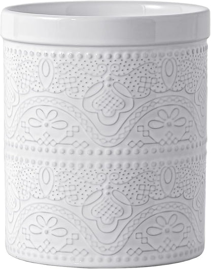 FUN ELEMENTS Kitchen Utensil Holder, 7.2" Super Large Utensil Crock Heavy and Stable Lace Emboss Ceramic Utensil Holder for Kitchen Counter (Bright White) by IntoYourHouseOntoYourTable