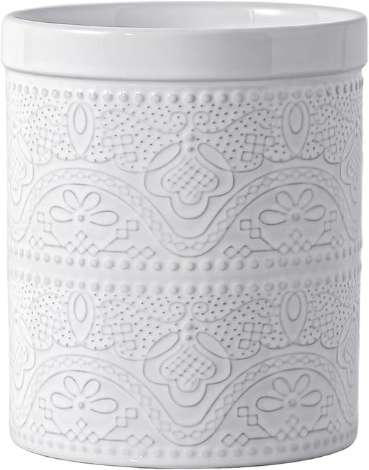 FUN ELEMENTS Kitchen Utensil Holder, 7.2" Super Large Utensil Crock Heavy and Stable Lace Emboss Ceramic Utensil Holder for Kitchen Counter (Bright White) by IntoYourHouseOntoYourTable