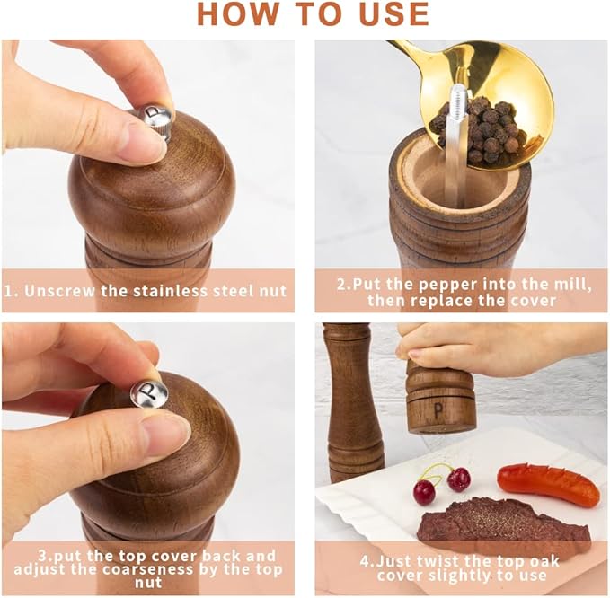 XWXO Wood Salt and Pepper Grinder Set, Salt Mill Pepper Grinder Set, Pepper Mill, Salt Shakers with Adjustable Ceramic Rotor- Oak Wood Pepper Grinder for Your Kitchen 8 inches - Pack of 2 - Image 3
