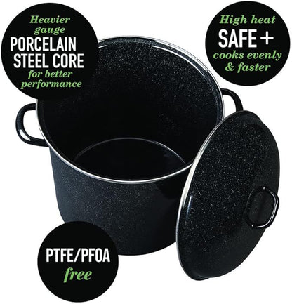 Granite Ware 15 Qt Heavy Gauge Stock Pot with Lid. (Speckled Black) Enamelware. Stainless Steel. Suitable for cooktops, oven to table. Dishwasher Safe.