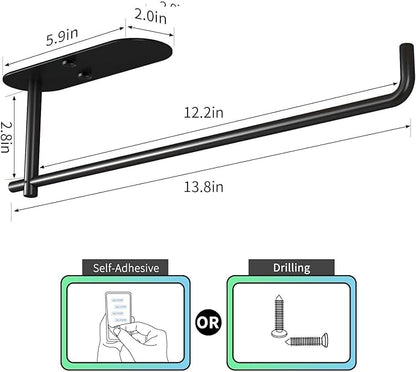 VAEHOLD Self Adhesive Paper Towel Holder Under Cabinet Mount, Wall Mounted Paper Towel Roll Holder for Kitchen, Bathroom, Wall - SUS304 Stainless Steel (Black)