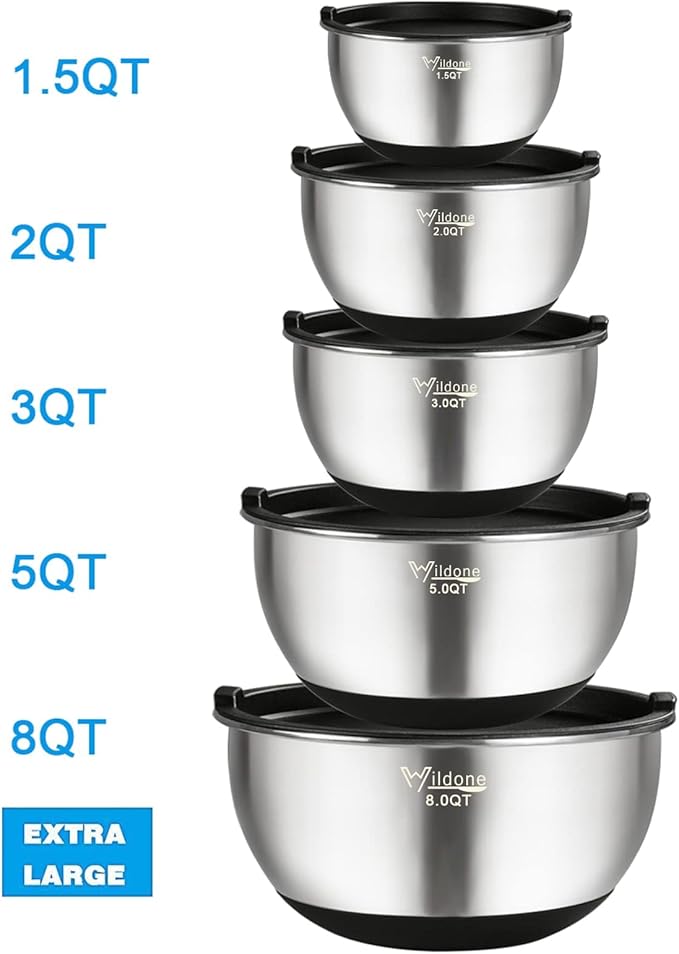 Wildone Mixing Bowls with Airtight Lids, Stainless Steel Nesting Mixing Bowls Set of 5, with Non-slip Silicone Bottoms, Size 8, 5, 3, 2, 1.5 QT, Stackable Design, Great for Mixing and Prepping - Image 2