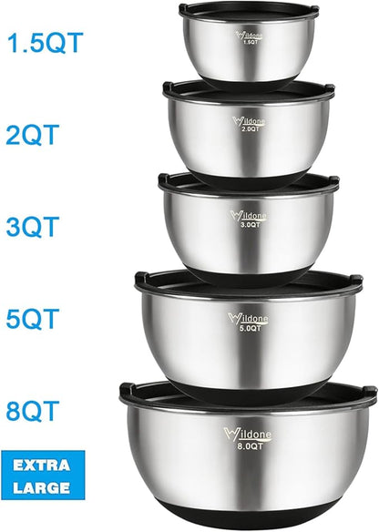 Wildone Mixing Bowls with Airtight Lids, Stainless Steel Nesting Mixing Bowls Set of 5, with Non-slip Silicone Bottoms, Size 8, 5, 3, 2, 1.5 QT, Stackable Design, Great for Mixing and Prepping - Image 2