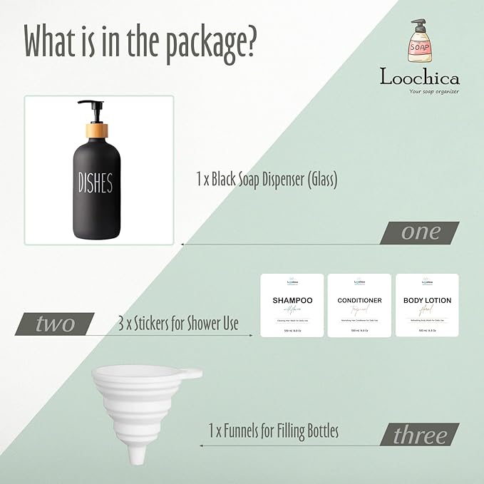 LOOCHICA Black Glass Kitchen Soap Dispenser, Detergent Dispenser or Dish Soap Dispenser for Kitchen Sink, Black Soap Dispenser, Modern Farmhouse Decor Dish Soap Pump for Kitchen Organization - Image 2