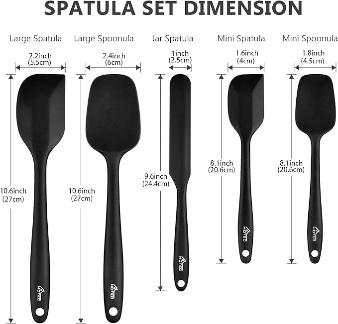 HOTEC 600℉ Heat Resistant BPA-Free Silicone Rubber Spatula Set,Kitchen Cooking Spatulas, Baking, Mixing for Non Stick Cookware, Dishwasher Safe, Black Set of 5 - Image 7