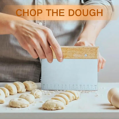 Basic Multi-Purpose Stainless Steel Scraper/Pizza Cutter/Spice Cutter/Premium Bread Knife/Dough Scoring Knife/Baking Accessories/Wooden Handle Contour Handle, 6 Inch, Natural Wood Color