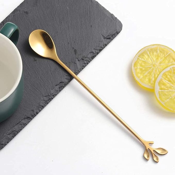 AnSaw 6-Piece Elegant Gold Leaf Long Handle Teaspoons - 7.4" Stainless Steel Stir Spoons for Coffee & Tea, Perfect for Mixing & Stirring - Image 7