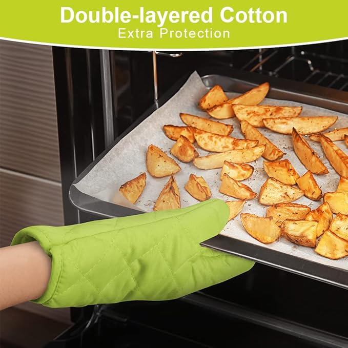 AUAUY Green Oven Mitts, 1 Pair Kitchen Mittens, 392°F Heat Resistant Oven Gloves Non-Slip Kitchen Gloves for Oven, BBQ Gloves-Oven Mitts Infill Cotton Cooking Gloves for Oven Grilling Cooking Baking - Image 3